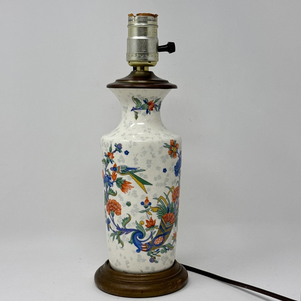 Vintage Chinoiserie Ceramic Table Lamp Crackle Glaze Bird & Floral Decor Accent